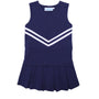 Navy blue cheerleader outfit with white stripes on a white background