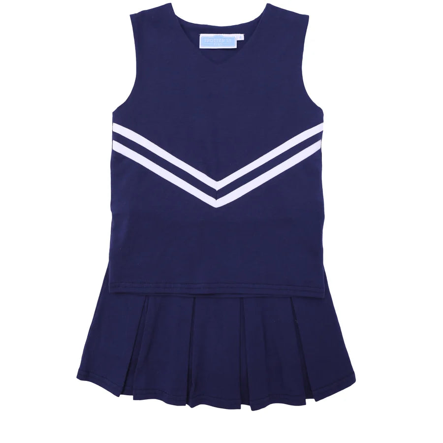 Navy blue cheerleader outfit with white stripes on a white background