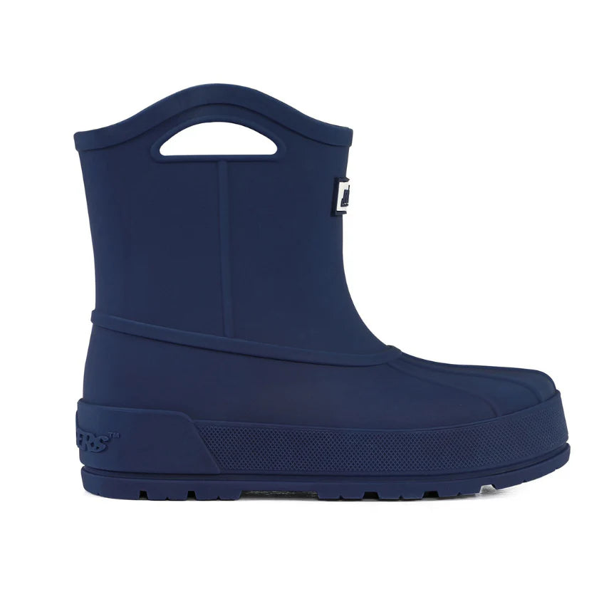 Navy blue rubber boot with a pull handle on a white background