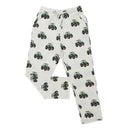White pajama pants with green tractor prints on a white background