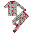 A two-piece children's pajama set featuring a festive holiday print of red and green Christmas stockings and ornaments on a white background, with red trim.