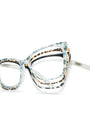 Cat-eye eyeglasses with a clear acetate frame featuring blue, black, and gold leopard-like speckled patterns, shown on a white background.