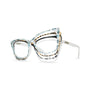 Cat-eye eyeglasses with a clear acetate frame featuring blue, black, and gold leopard-like speckled patterns, shown on a white background.