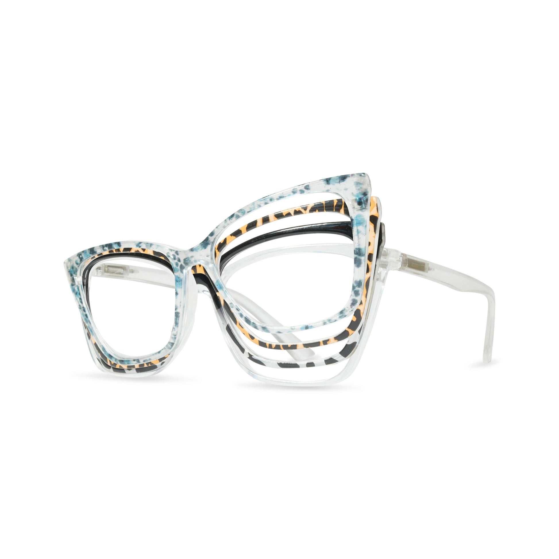 Cat-eye eyeglasses with a clear acetate frame featuring blue, black, and gold leopard-like speckled patterns, shown on a white background.
