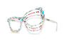 A pair of cat-eye eyeglasses with a clear acetate frame featuring a vibrant multicolor geometric pattern of pink, yellow, blue, black, and white stripes.