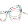 A pair of cat-eye eyeglasses with a clear acetate frame featuring a vibrant multicolor geometric pattern of pink, yellow, blue, black, and white stripes.