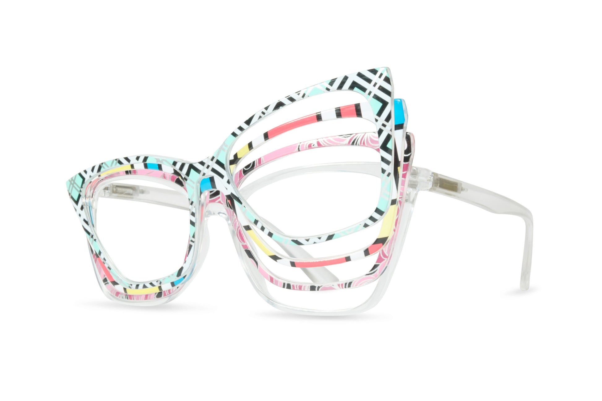 A pair of cat-eye eyeglasses with a clear acetate frame featuring a vibrant multicolor geometric pattern of pink, yellow, blue, black, and white stripes.