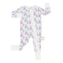 Baby onesie with a floral pattern on a white background