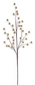 A decorative artificial branch with thin brown stems and small metallic gold berries, shown against a plain white background.