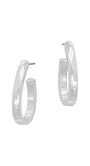 A pair of silver hoop earrings with a textured, hammered finish and a twisted wrap design, shown on a plain white background.