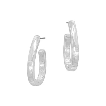 A pair of silver hoop earrings with a textured, hammered finish and a twisted wrap design, shown on a plain white background.