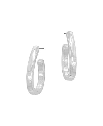 A pair of silver hoop earrings with a textured, hammered finish and a twisted wrap design, shown on a plain white background.