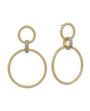 A pair of gold drop earrings featuring a small top ring, a vertical band of clear rhinestones, and a larger oval drop ring below, shown on a plain white background.