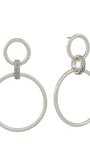 A pair of silver-tone drop earrings featuring a small circular hoop connected to a larger oval drop, with a small pavé-set accent between the hoops, shown on a plain white background.