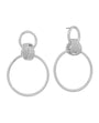 A pair of silver-toned drop earrings featuring a textured, knotted circular top with a large, open circular drop below, shown on a plain white background.