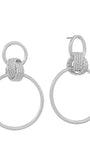 A pair of silver-toned drop earrings featuring a textured, knotted circular top with a large, open circular drop below, shown on a plain white background.