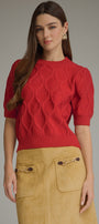 A woman modeling a red short-sleeve knit sweater with a textured diamond pattern, paired with a tan suede skirt, against a solid gray studio background.