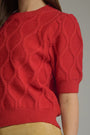 A close-up of a person wearing a bright red short-sleeve knit sweater with a textured cable pattern and ribbed hem, paired with a beige skirt.