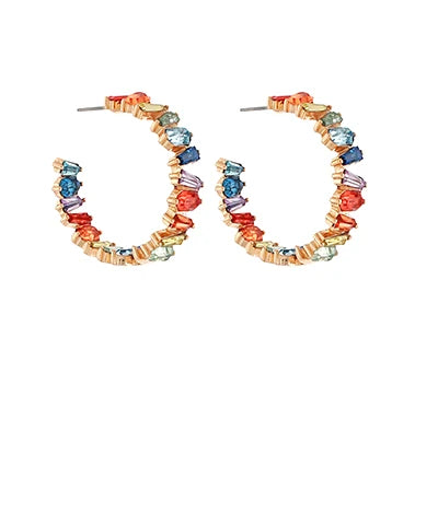 Multicolored hoop earrings on a white background
