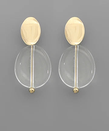 A pair of modern gold and clear acrylic drop earrings on a solid gray background.