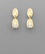 A pair of gold-toned drop earrings with a textured oval top and a tulip-shaped drop featuring a white pearl-like center, shown on a solid gray background.