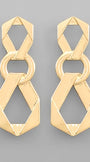A pair of gold geometric drop earrings with interlocking circular and angular links, displayed on a neutral gray background.