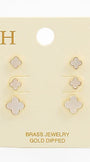 Set of gold-dipped earrings on a branded card with 'H' logo.