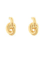 A pair of gold huggie hoop earrings with a knotted, rope-like design in the center, shown on a plain white background.