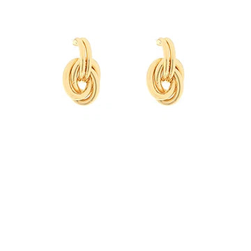 A pair of gold huggie hoop earrings with a knotted, rope-like design in the center, shown on a plain white background.