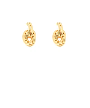 A pair of gold huggie hoop earrings with a knotted, rope-like design in the center, shown on a plain white background.