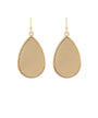 A pair of gold teardrop dangle earrings with a textured beaded border and a smooth, polished center, shown against a plain white background.