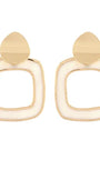 A pair of gold-toned geometric drop earrings with a rounded square frame and a teardrop-shaped top, shown on a plain white background.