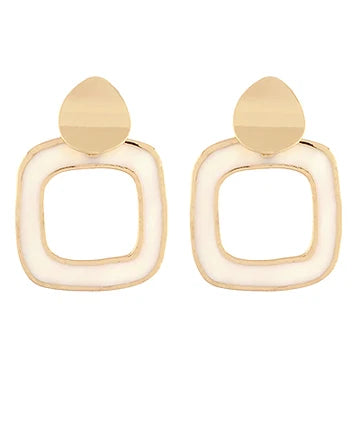 A pair of gold-toned geometric drop earrings with a rounded square frame and a teardrop-shaped top, shown on a plain white background.