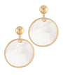 A pair of gold-tone drop earrings featuring large circular clear resin pendants with a subtle white marble pattern, suspended from polished gold ball studs.
