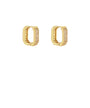 A pair of gold huggie hoop earrings with pavé-set clear stones on the front, shown against a plain white background.