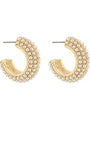 Gold hoop earrings with pearl-like beads on a white background