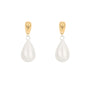A pair of gold and white teardrop dangle earrings on a solid white background.