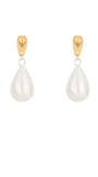 A pair of gold and white teardrop dangle earrings on a solid white background.