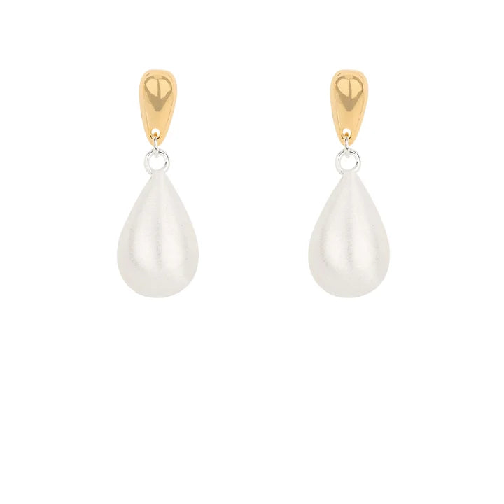 A pair of gold and white teardrop dangle earrings on a solid white background.