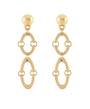 A pair of gold-toned dangle earrings with a spherical stud, a double-link oval drop, and a larger open oval drop below, shown on a plain white background.