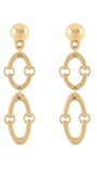 A pair of gold-toned dangle earrings with a spherical stud, a double-link oval drop, and a larger open oval drop below, shown on a plain white background.