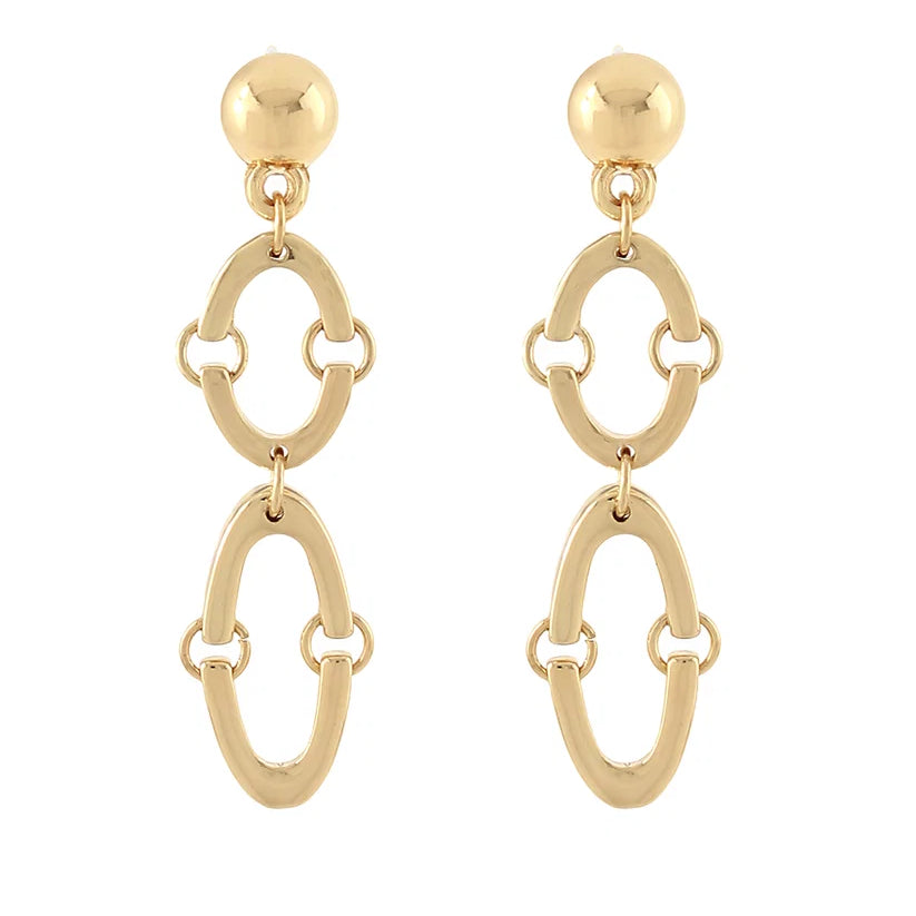 A pair of gold-toned dangle earrings with a spherical stud, a double-link oval drop, and a larger open oval drop below, shown on a plain white background.