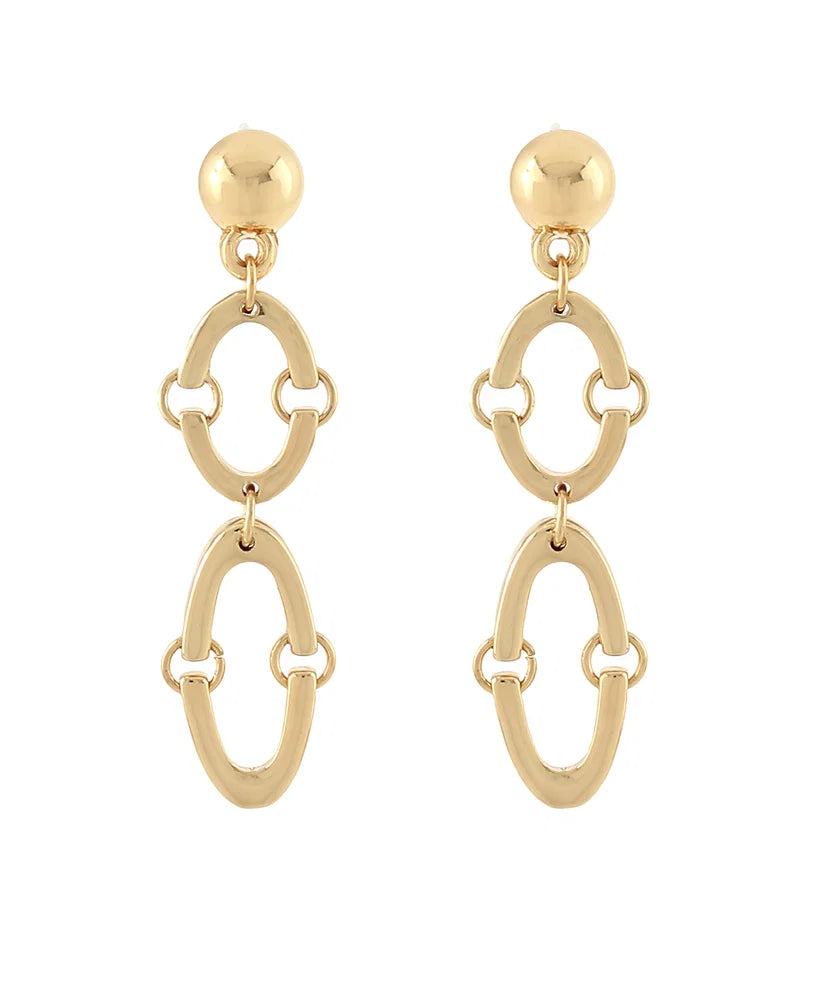 A pair of gold-toned dangle earrings with a spherical stud, a double-link oval drop, and a larger open oval drop below, shown on a plain white background.
