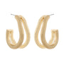 A pair of gold hoop earrings with a unique wavy, double-looped design and silver post backs, shown on a plain white background.