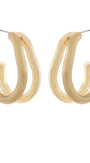 A pair of gold hoop earrings with a unique wavy, double-looped design and silver post backs, shown on a plain white background.