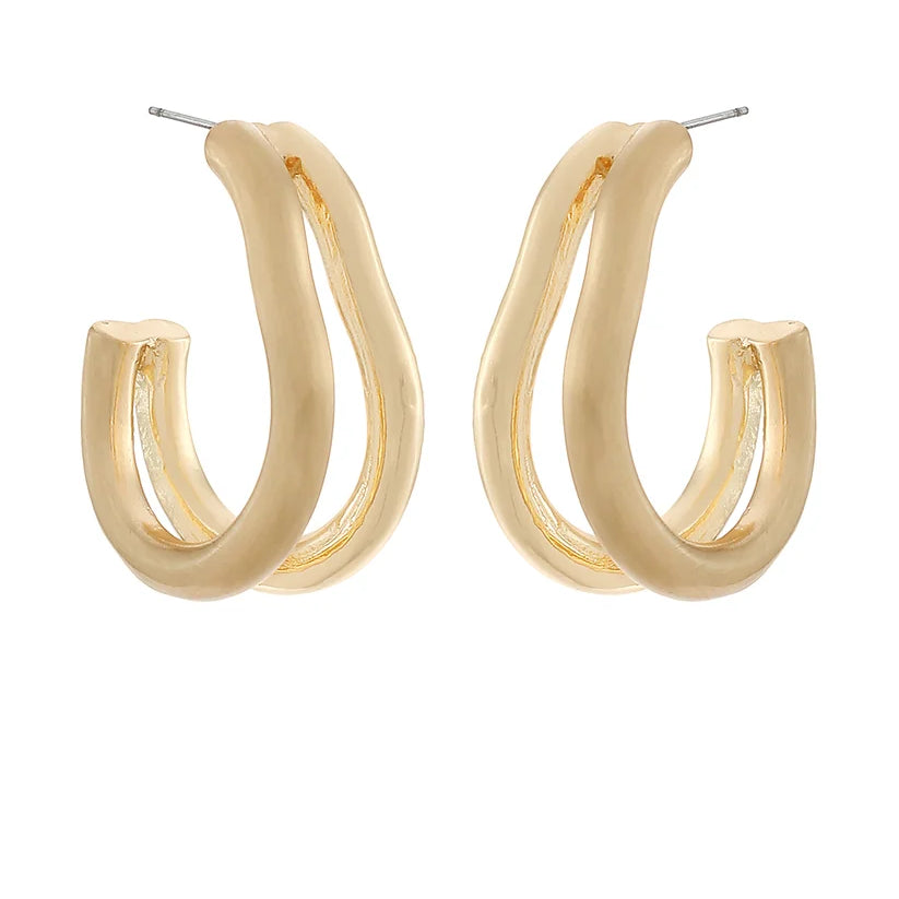 A pair of gold hoop earrings with a unique wavy, double-looped design and silver post backs, shown on a plain white background.