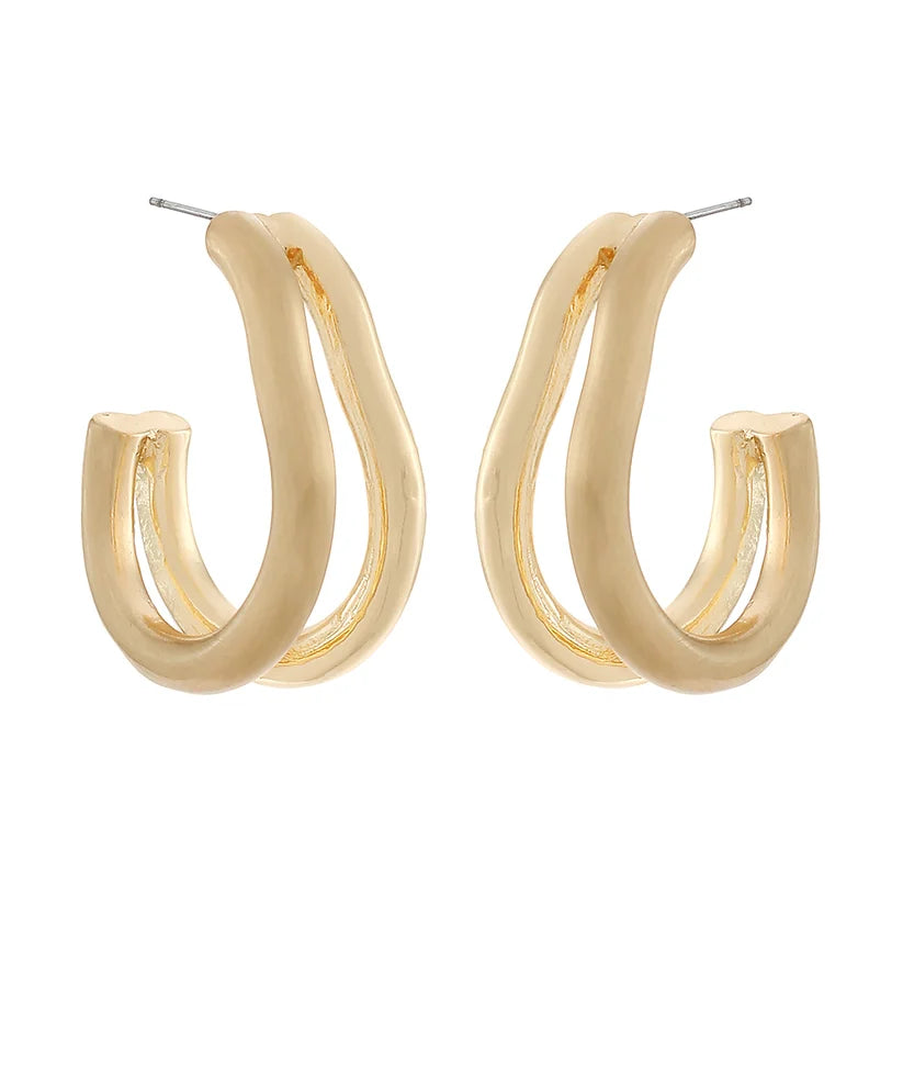 A pair of gold hoop earrings with a unique wavy, double-looped design and silver post backs, shown on a plain white background.