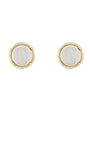 A pair of gold stud earrings with round, textured off-white mother-of-pearl centers, shown on a plain white background.