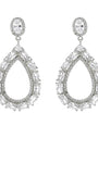A pair of silver-tone teardrop dangle earrings adorned with clear marquise and oval-cut stones, set against a plain white background.
