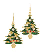 A pair of gold-tone dangle earrings shaped like Christmas trees, decorated with green glitter, gold trim, white faux pearls, and small multicolored rhinestones, shown on a plain white background.